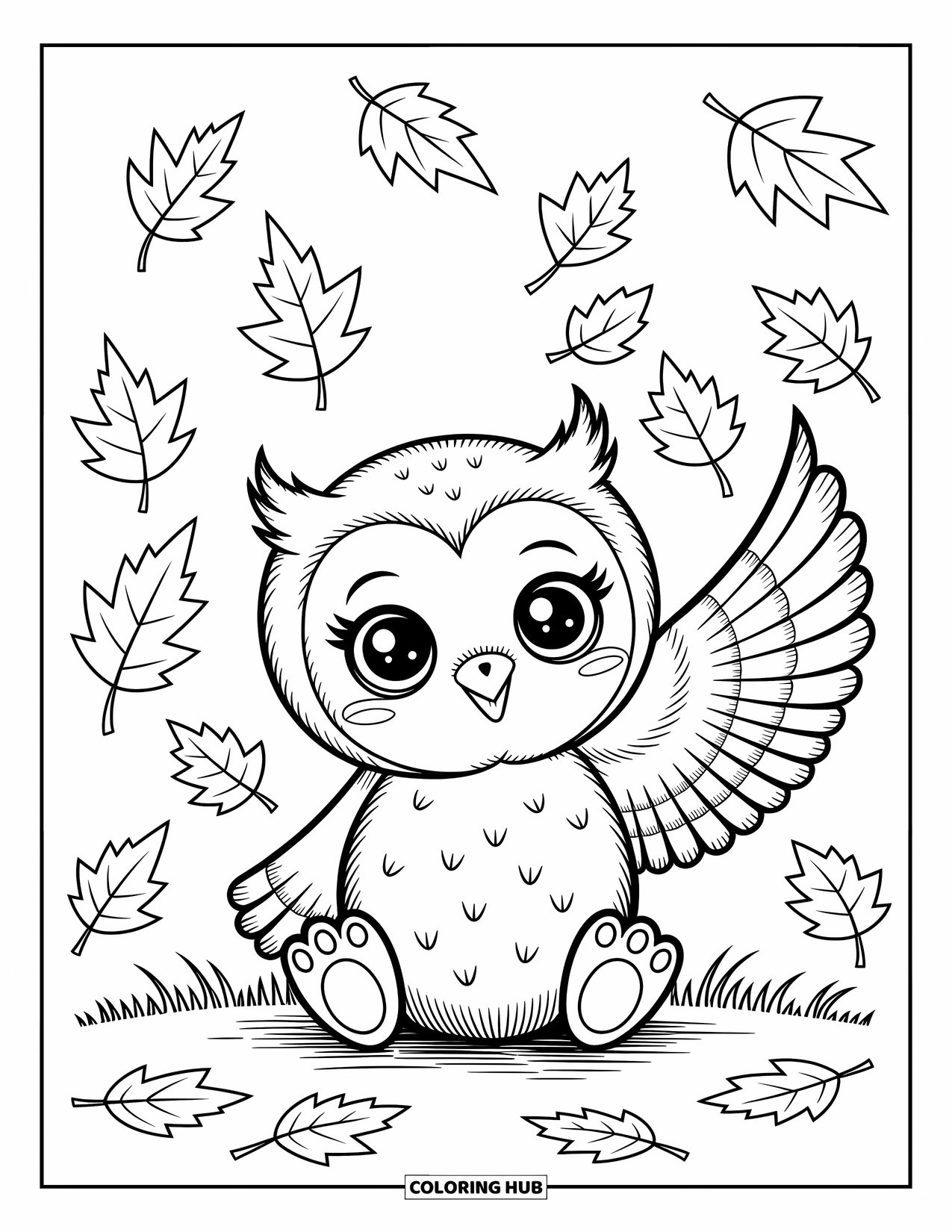 Baby Owl Coloring Page for Adults: Baby owl lifts its wing playfully as leaves swirl gently around