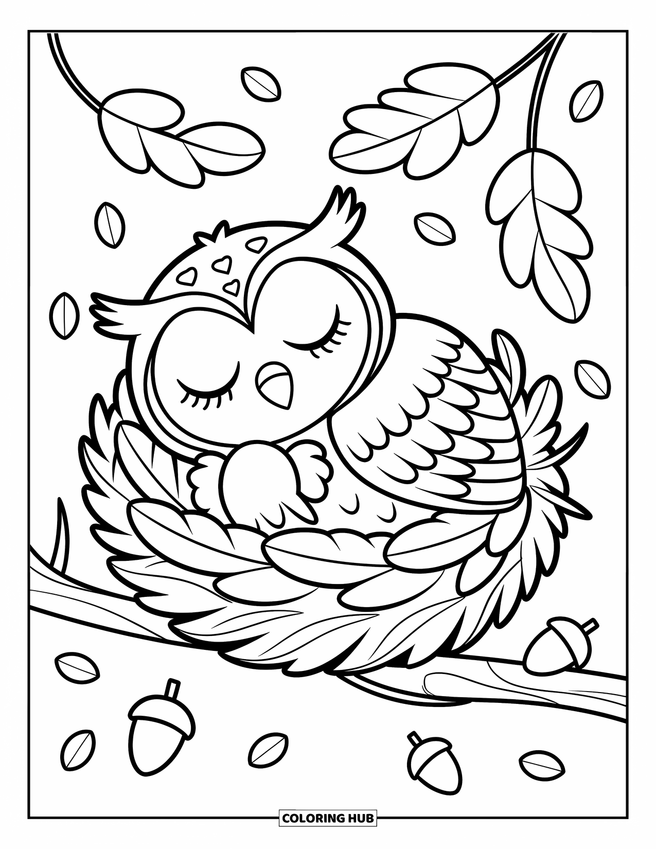 Baby Owl Coloring Page for Adults: Baby owl naps in a cozy nest on a branch with floating leaves around
