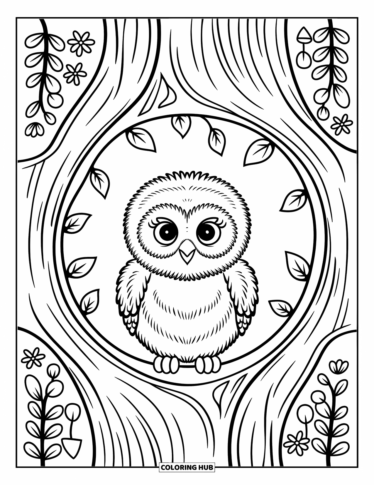 Baby Owl Coloring Page for Adults: Baby owl peeks out from a tree hollow with mushrooms and tiny flowers nearby