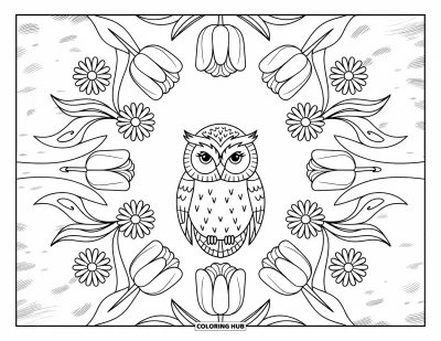 Baby-Eulen-Ausmalbild für Erwachsene: Ein Baby-Eulen-Küken sitzt in einem floralen Mandala mit Tulpen, Gänseblümchen und geschwungenen Blattformen