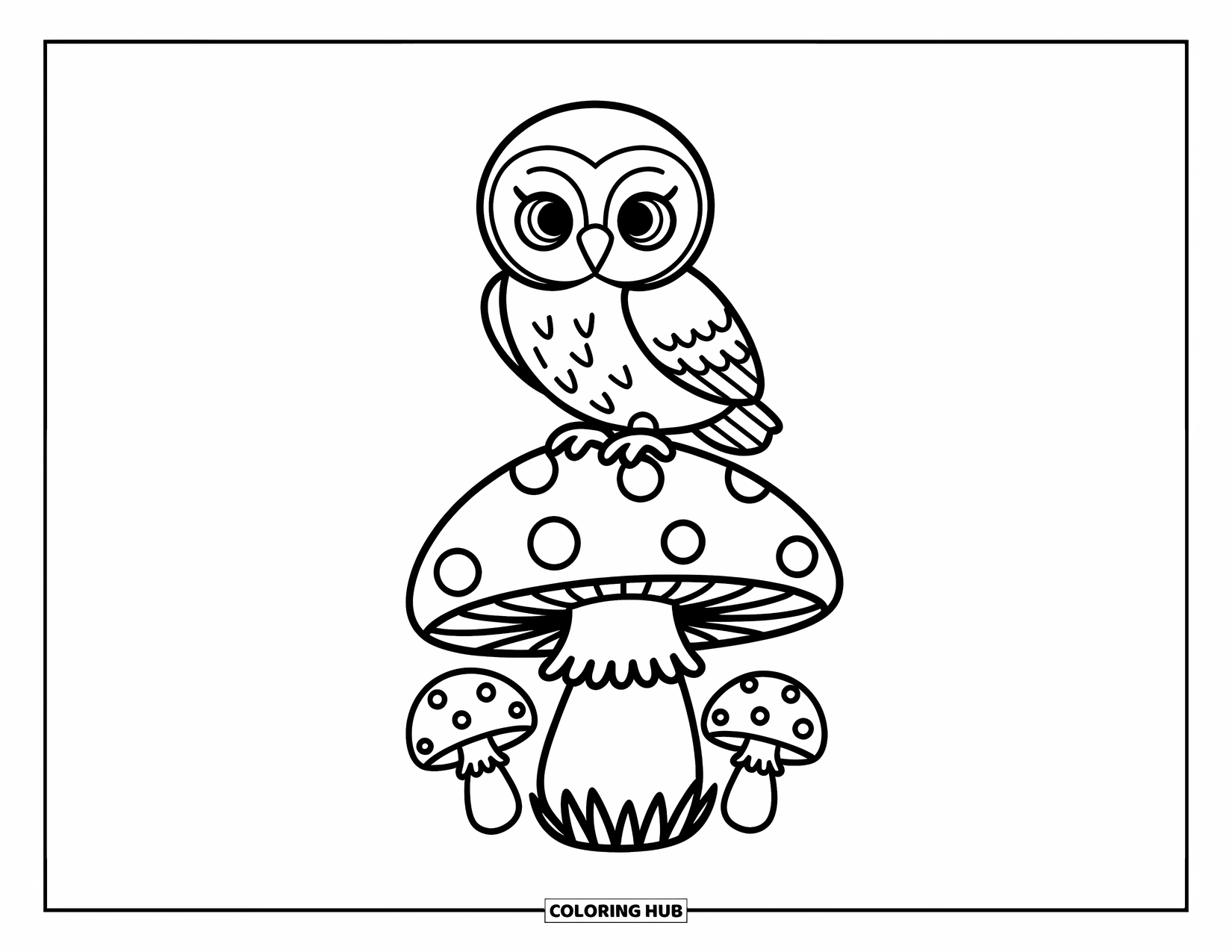 Baby Owl Coloring Page for Adults: Baby owl proudly perches on a big mushroom surrounded by tiny, playful mushrooms