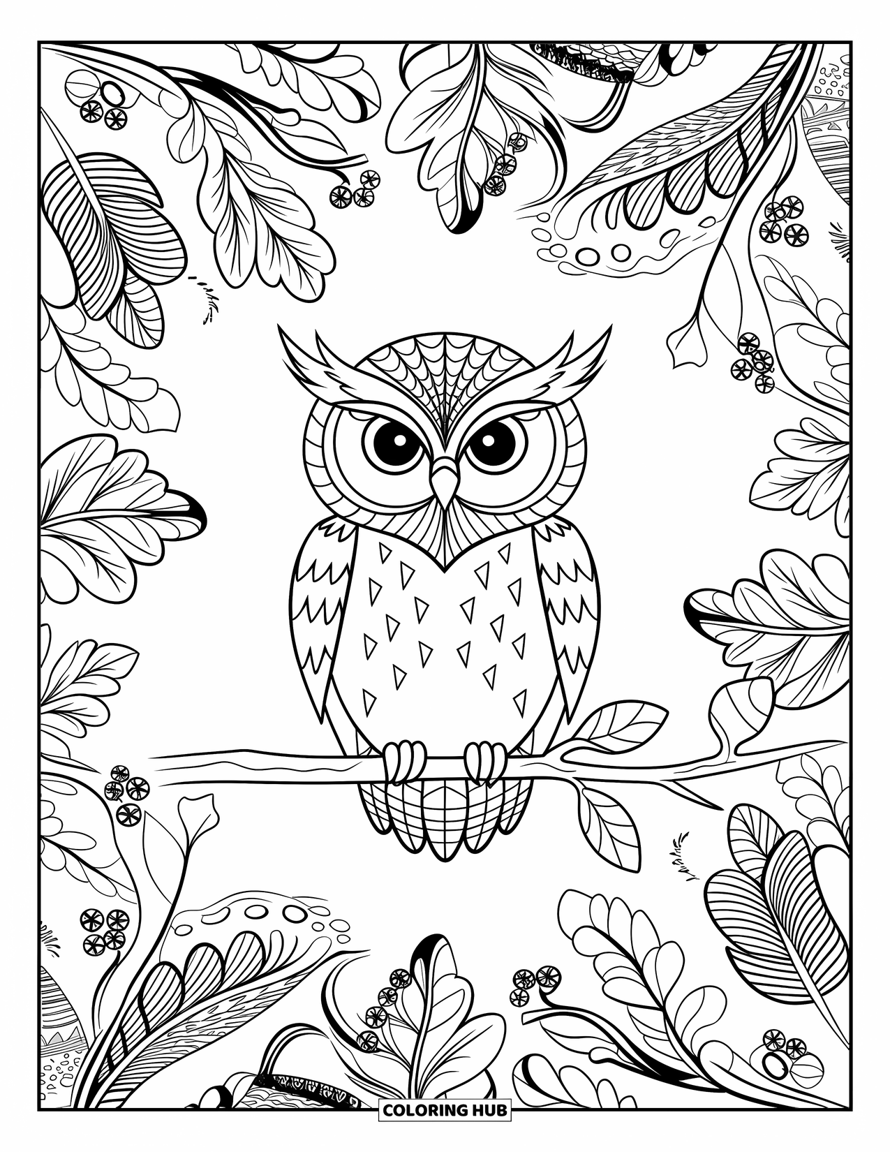 Baby Owl Coloring Page for Adults: Baby owl rests in a mandala of leaves, feathers, and berries for relaxing fun