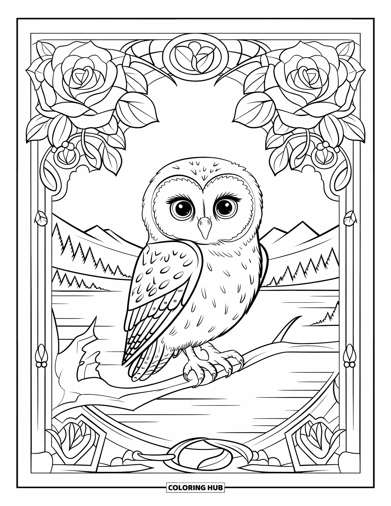 Baby Owl Coloring Page for Adults: Baby owl rests on a branch surrounded by roses and a scenic background