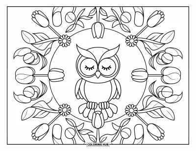 Baby-Eulen-Ausmalbild für Erwachsene: Ein Baby-Eulen-Küken sitzt ruhig in einem Blüten-Mandala aus Tulpen, Gänseblümchen und geschwungenen Blättern