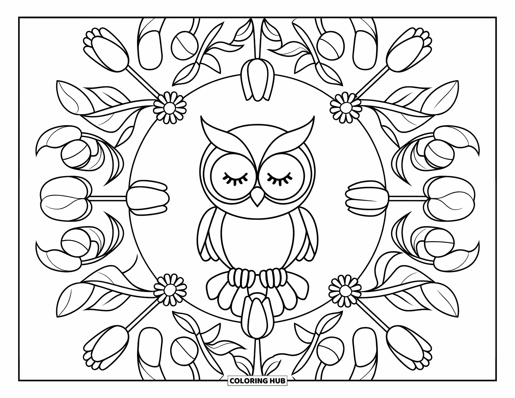 Baby Owl Coloring Page for Adults: Baby owl sits calmly in a flower mandala of tulips, daisies, and swirling leaves