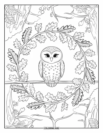 Baby-Eulen-Ausmalbild für Erwachsene: Ein Baby-Eulen-Küken sitzt auf einem Ast, umgeben von Eichenblättern und Beeren in einem Mandala-Motiv