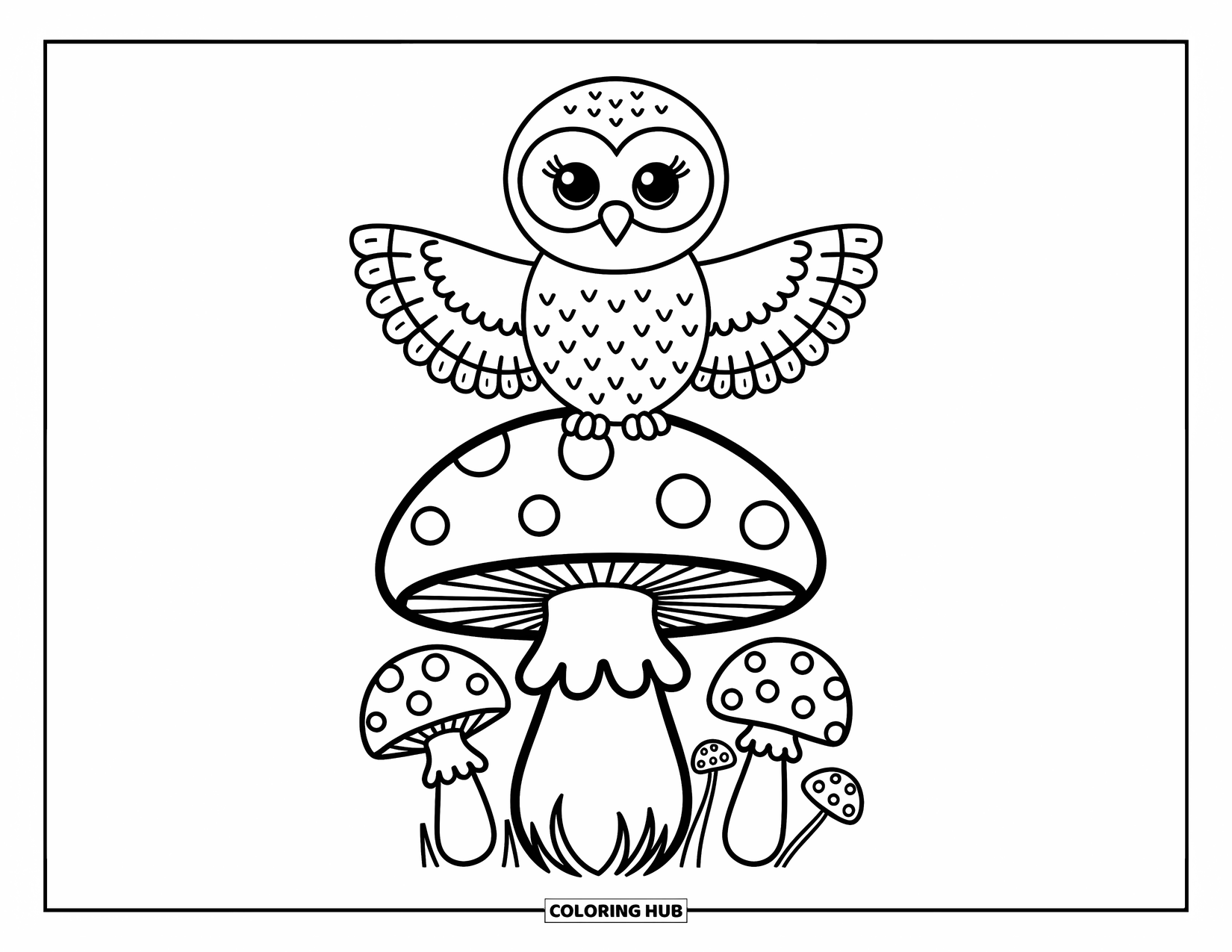 Baby Owl Coloring Page for Adults: Baby owl spreads its wings atop a cute mushroom surrounded by tiny fungi