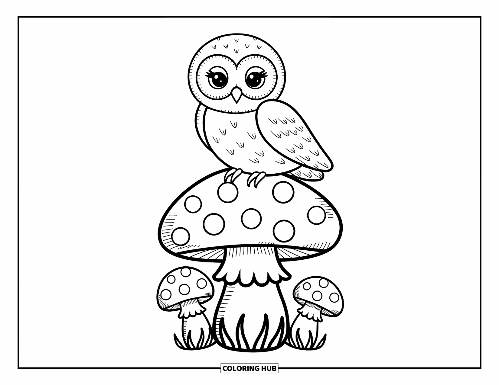 Baby Owl Coloring Page for Adults: Baby owl strikes a playful pose on a round mushroom with smaller ones below