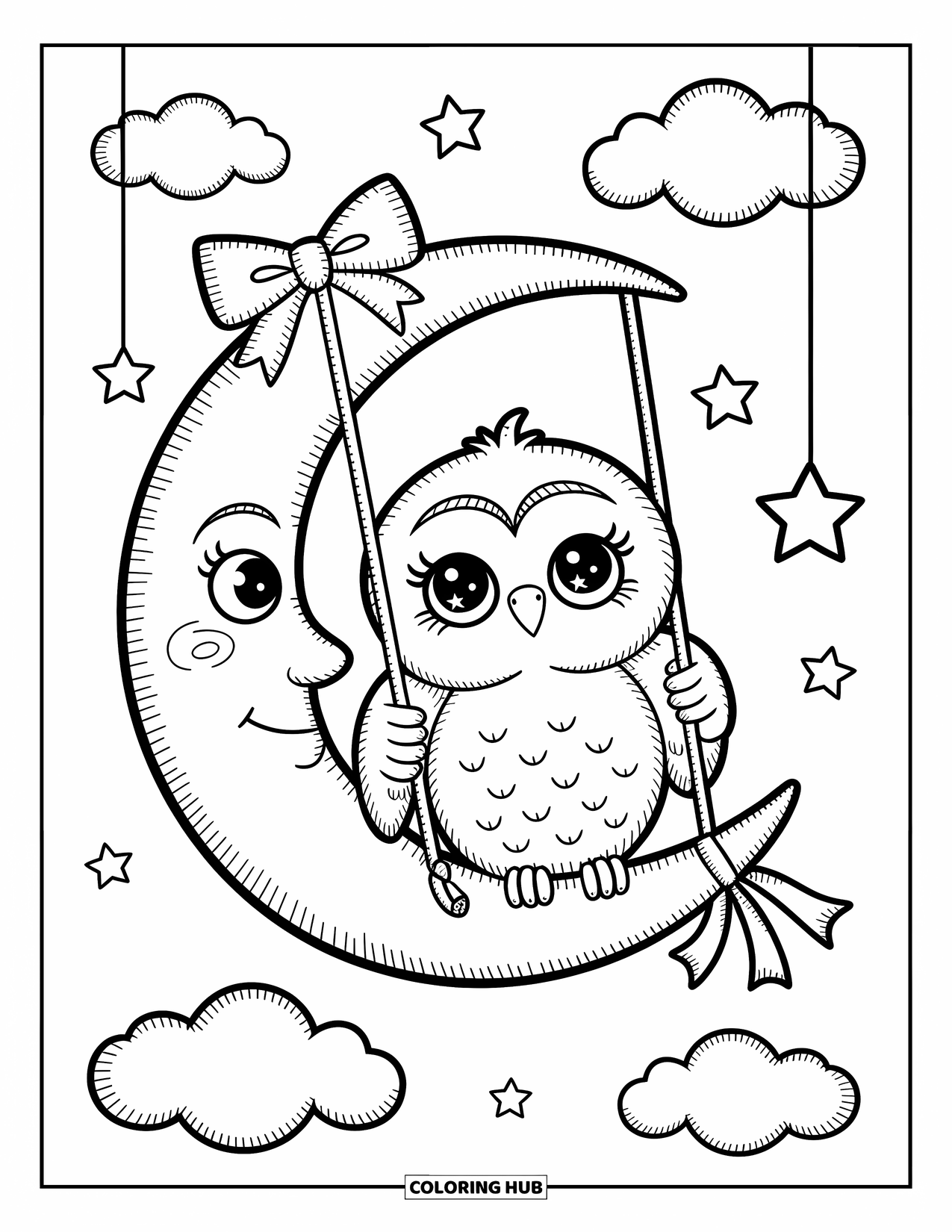 Baby Owl Coloring Page for Adults: Baby owl swings from a moon with bows, surrounded by clouds and stars