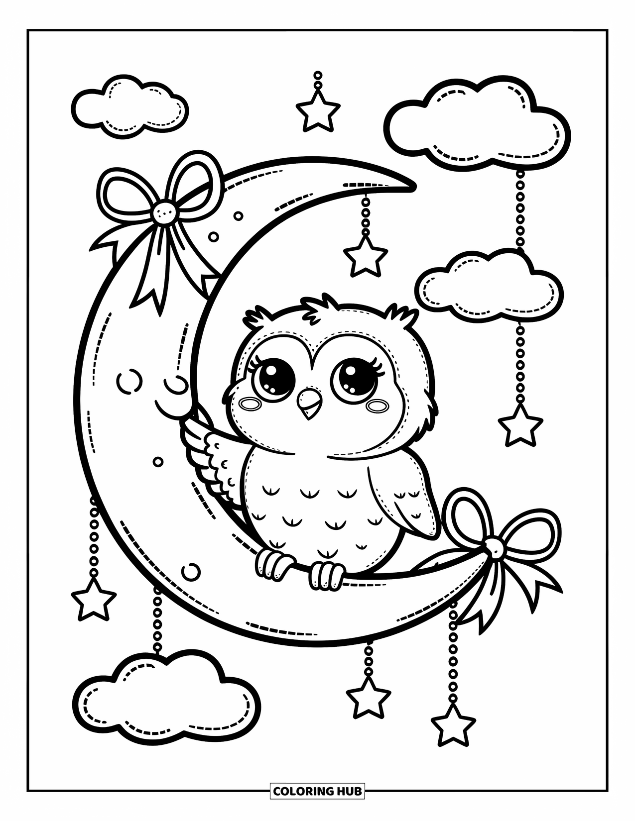 Baby Owl Coloring Page for Adults: Baby owl swings gently on a crescent moon tied with cute little bows