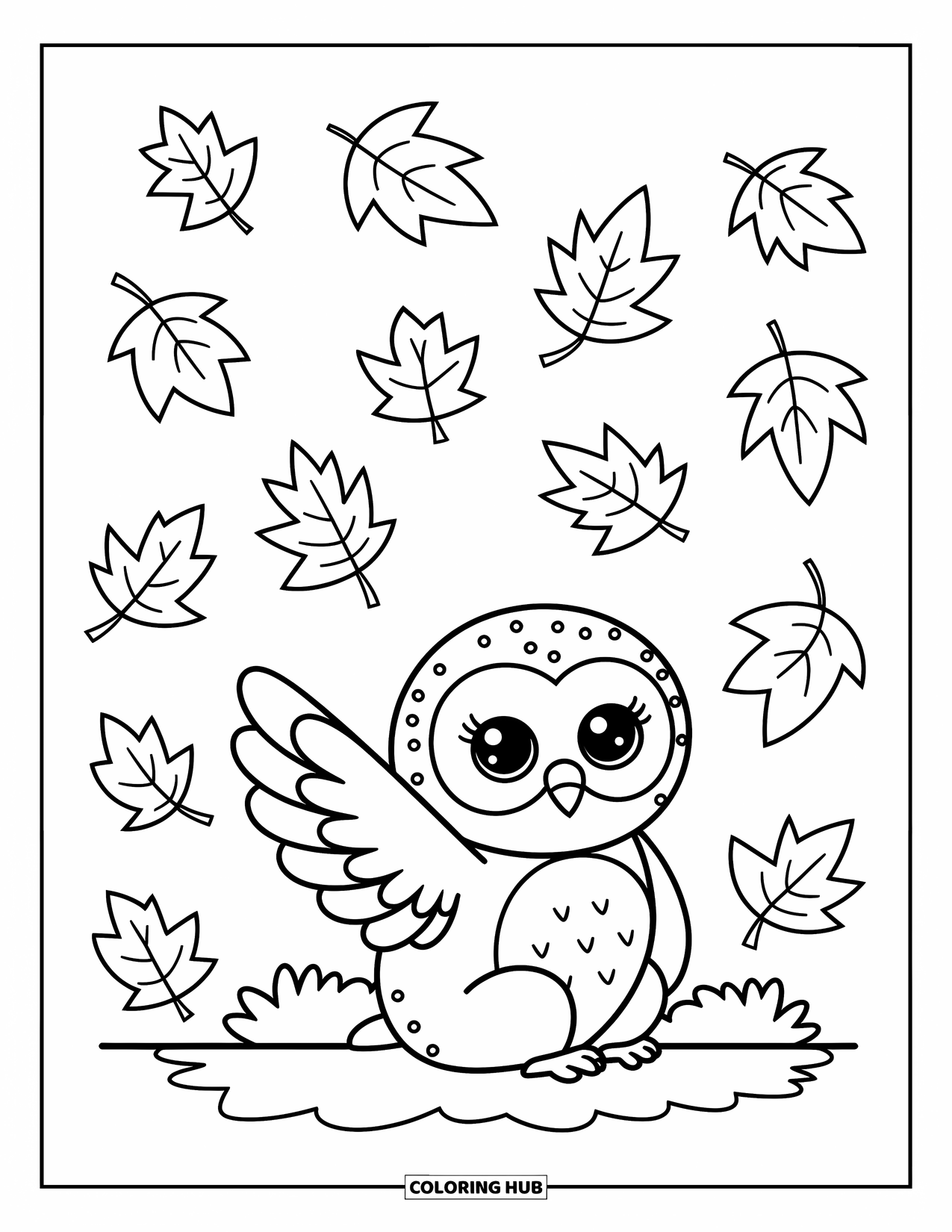 Baby Owl Coloring Page for Adults: Baby owl tries to catch a falling leaf in a cozy pile of leaves