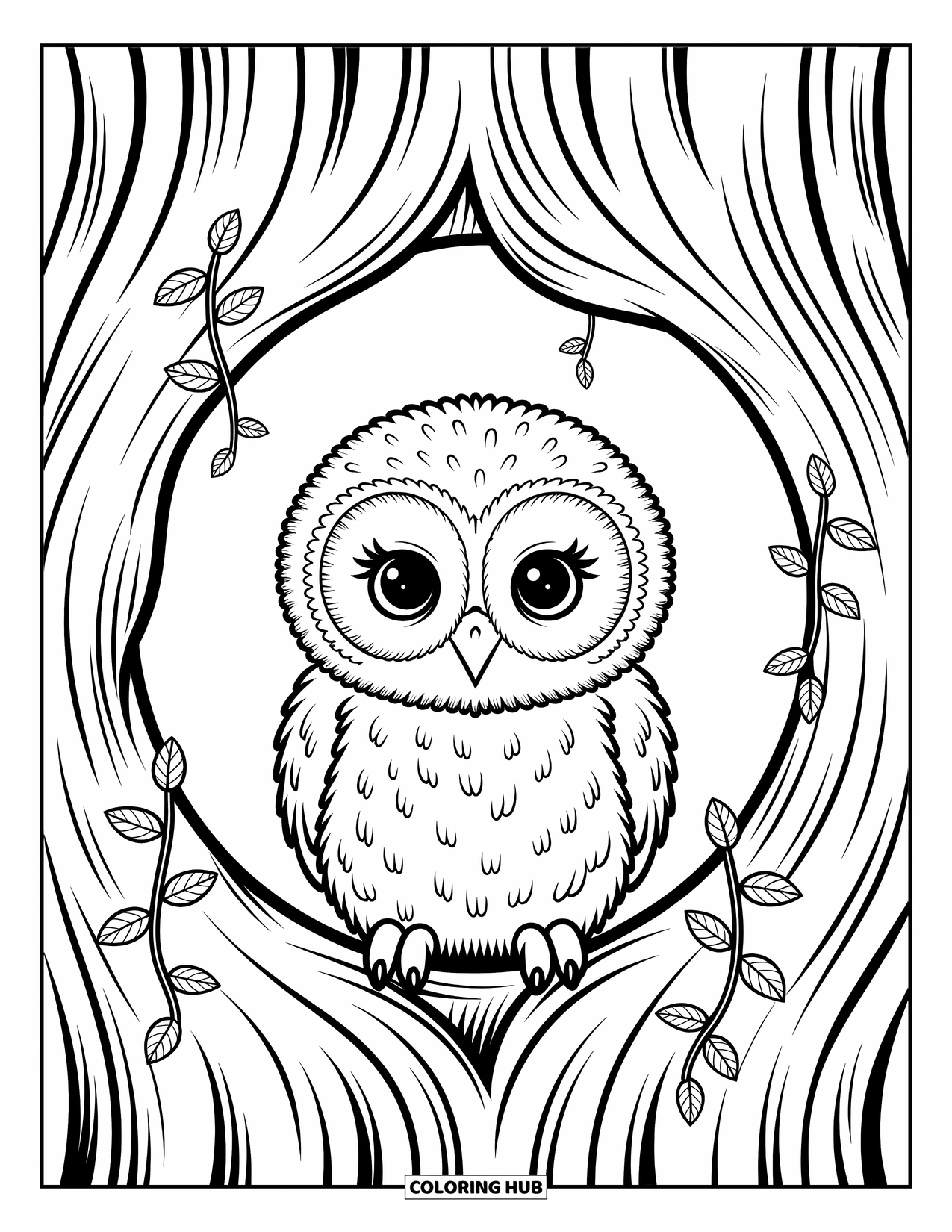 Baby Owl Coloring Page for Adults: Baby owl with wide eyes peeks from a tree hollow framed by bark and vines