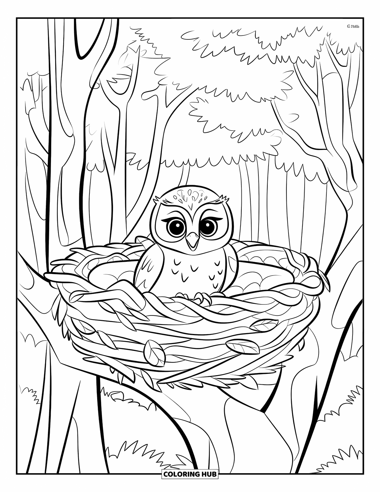 Baby Owl Coloring Page for Kids: Baby owl cuddles in a round nest high in the treetops