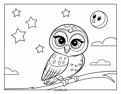 Baby-Eulen-Ausmalbild für Kinder: Ein Baby-Eulen-Küken hält einen Ast unter einem sternenbeschienen Himmel mit lachendem Mond