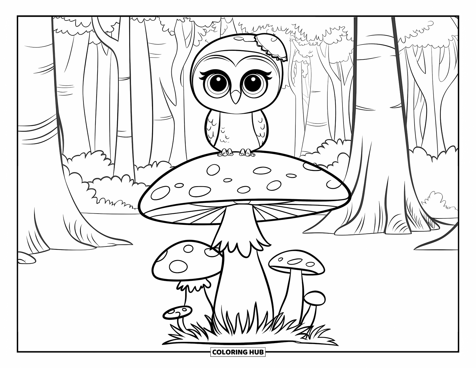 Baby Owl Coloring Page for Kids: Baby owl in a hat rests on a tall mushroom among trees and other fungi