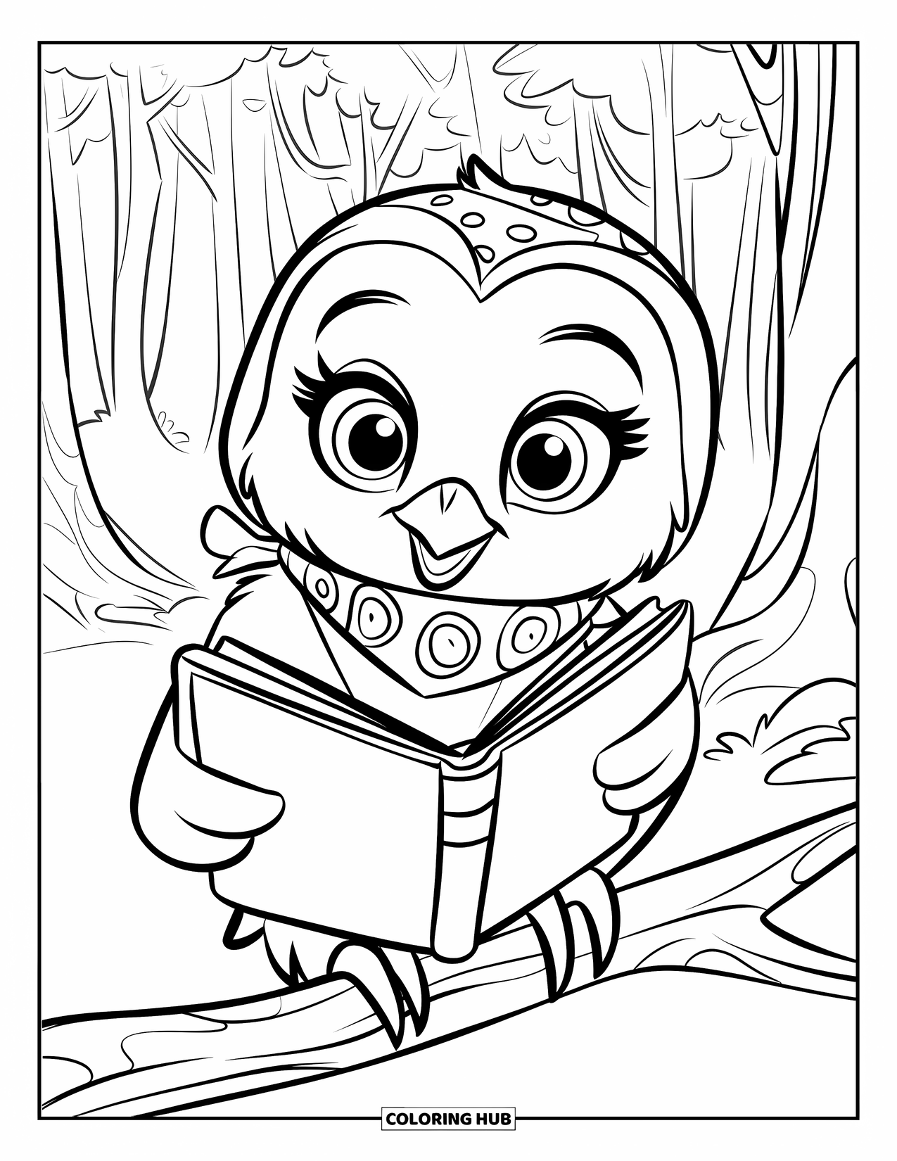 Baby Owl Coloring Page for Kids: Baby owl in a scarf reads a book in a quiet forest