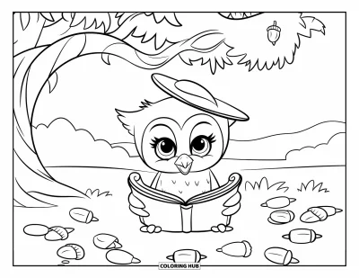 Baby-Eulen-Ausmalbild für Kinder: Ein Baby-Eulen-Küken mit kleinem Hut liest eine Schriftrolle unter einem Baum mit Eicheln