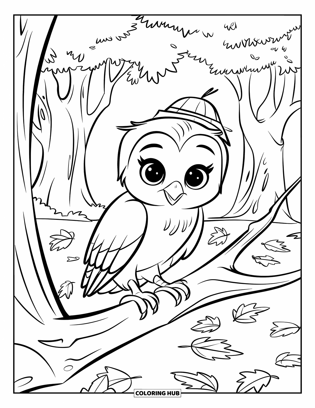 Baby Owl Coloring Page for Kids: Baby owl in a tiny hat sits on a leafy branch in a wooded area