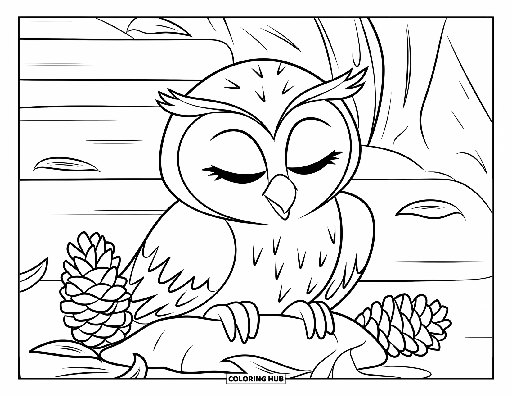 Baby Owl Coloring Page for Kids: Baby owl naps near pinecones and autumn leaves on a woodland path