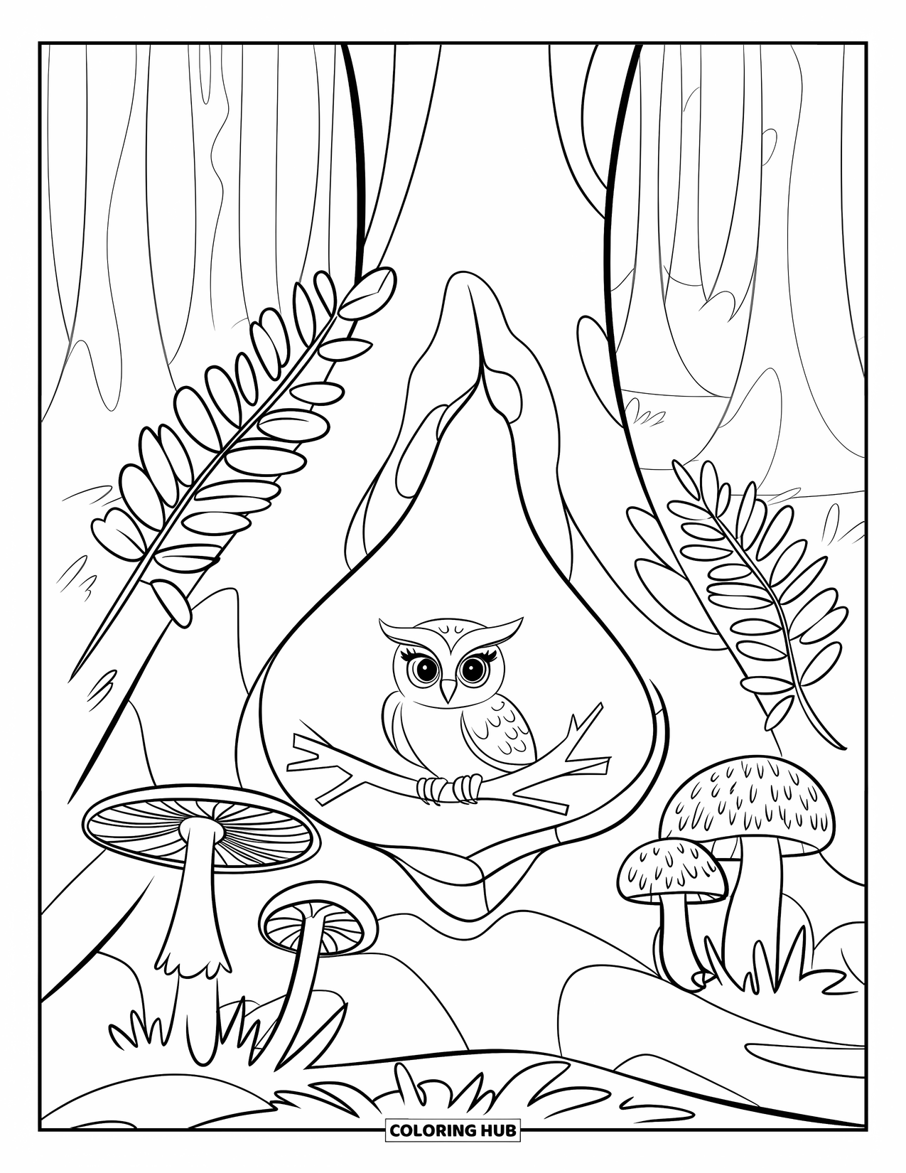 Baby Owl Coloring Page for Kids: Baby owl peeks out of a tree hollow surrounded by leafy ferns and mushrooms