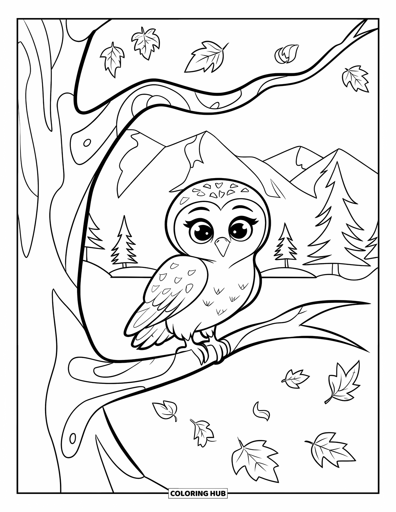 Baby Owl Coloring Page for Kids: Baby owl perches on a branch with leaves near trees and mountains