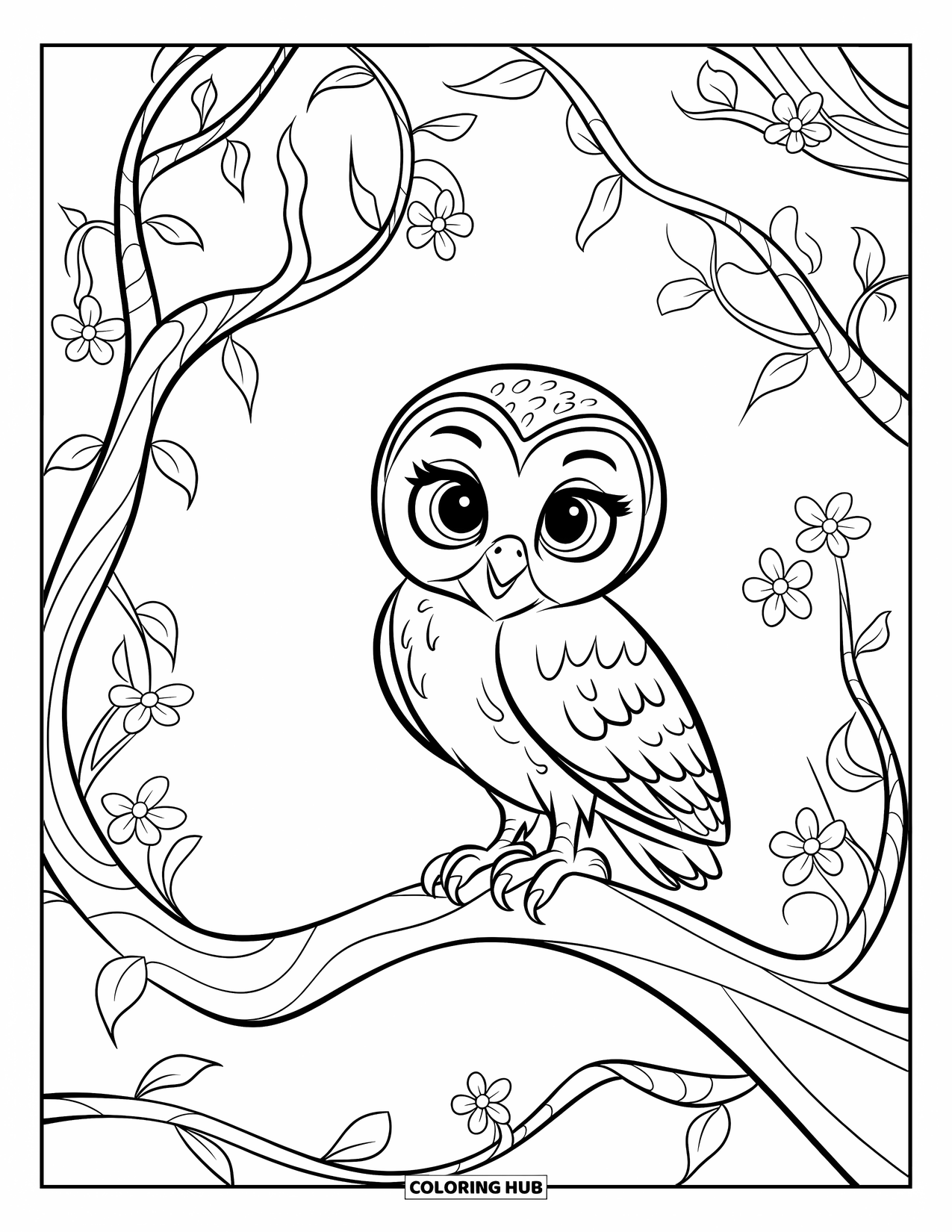 Baby Owl Coloring Page for Kids: Baby owl perches on a vine-covered branch with blooming flowers