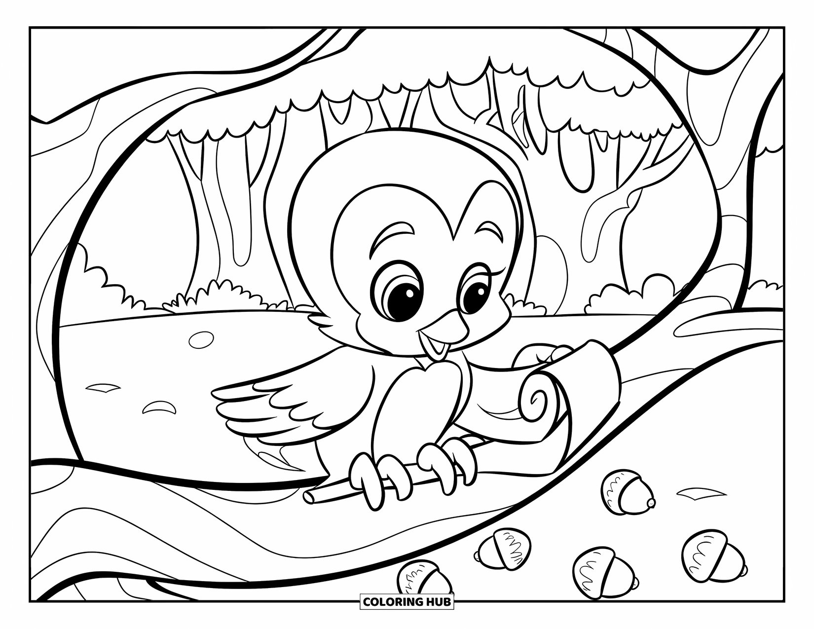 Baby Owl Coloring Page for Kids: Baby owl reads a scroll while sitting on a tree branch in the woods