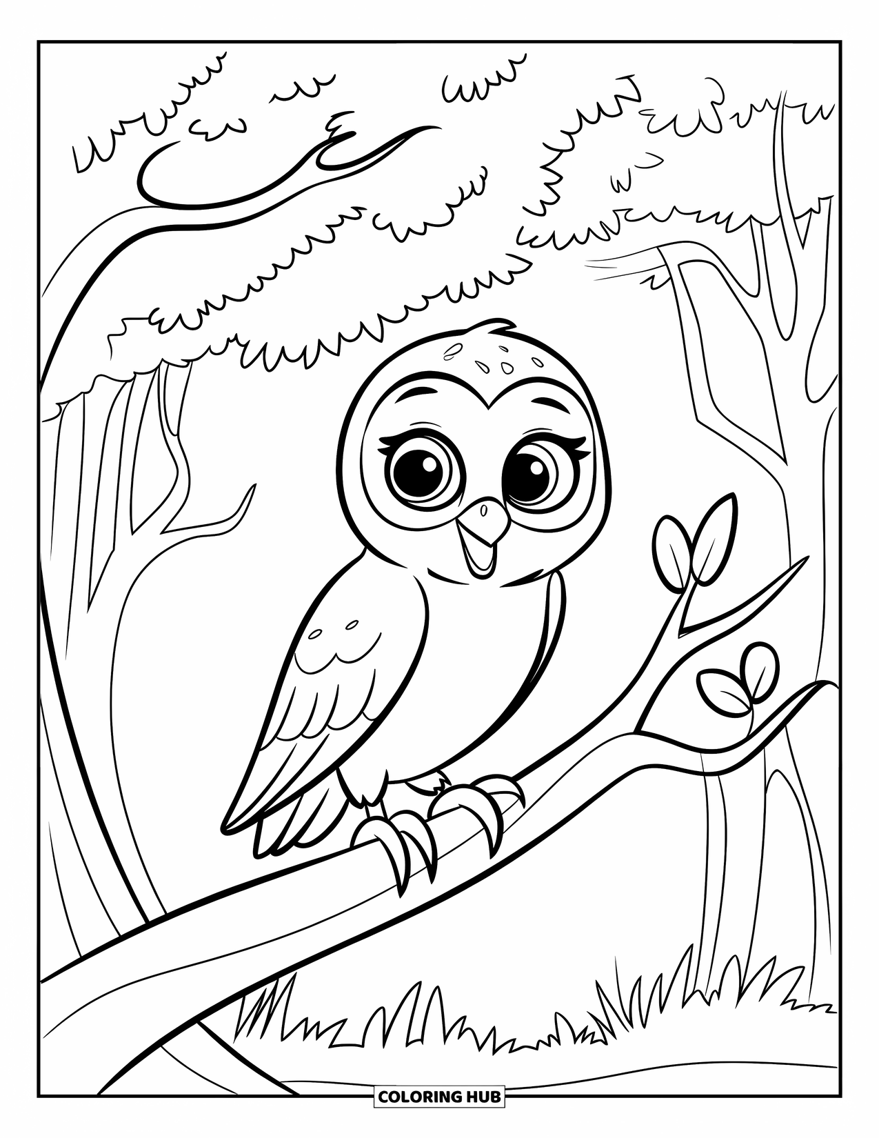 Baby Owl Coloring Page for Kids: Baby owl rests on a leafy branch in a quiet green forest