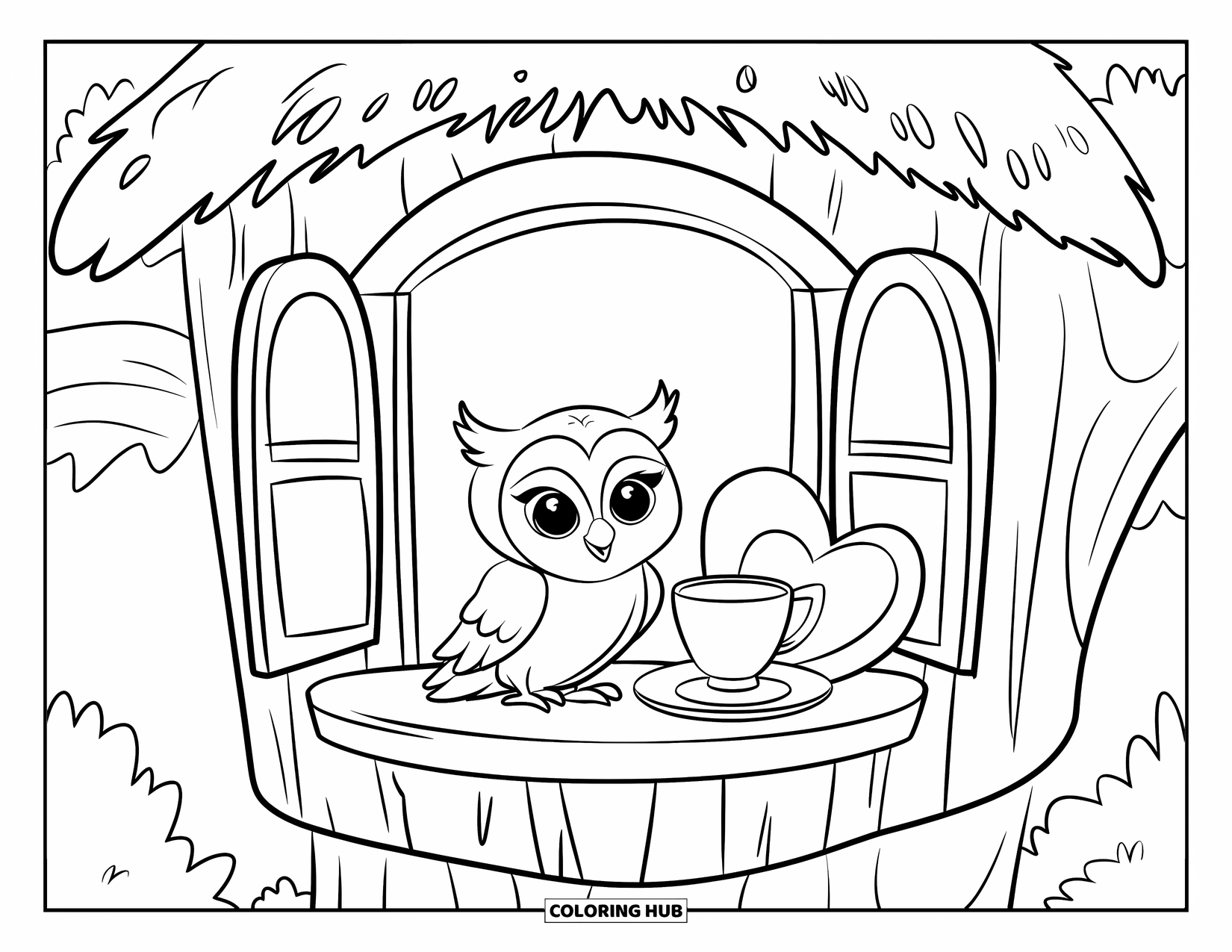 Baby Owl Coloring Page for Kids: Baby owl sits beside a teacup on a cozy treehouse window ledge