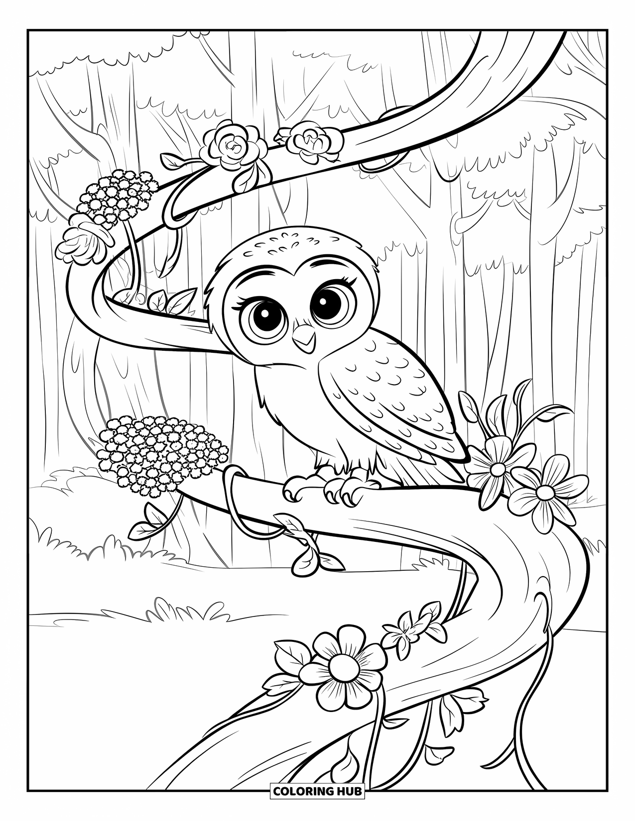 Baby Owl Coloring Page for Kids: Baby owl sits on a floral branch in a peaceful forest