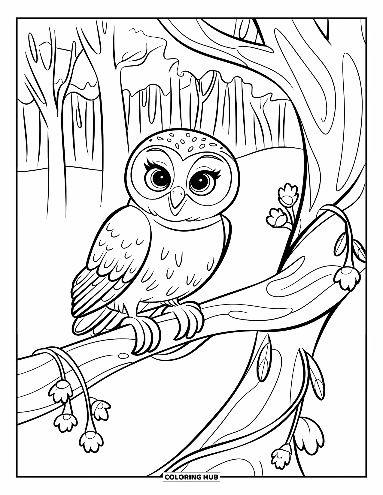 Baby Owl Coloring Page for Kids: Baby owl sits on a forest branch wrapped in vines and flowers