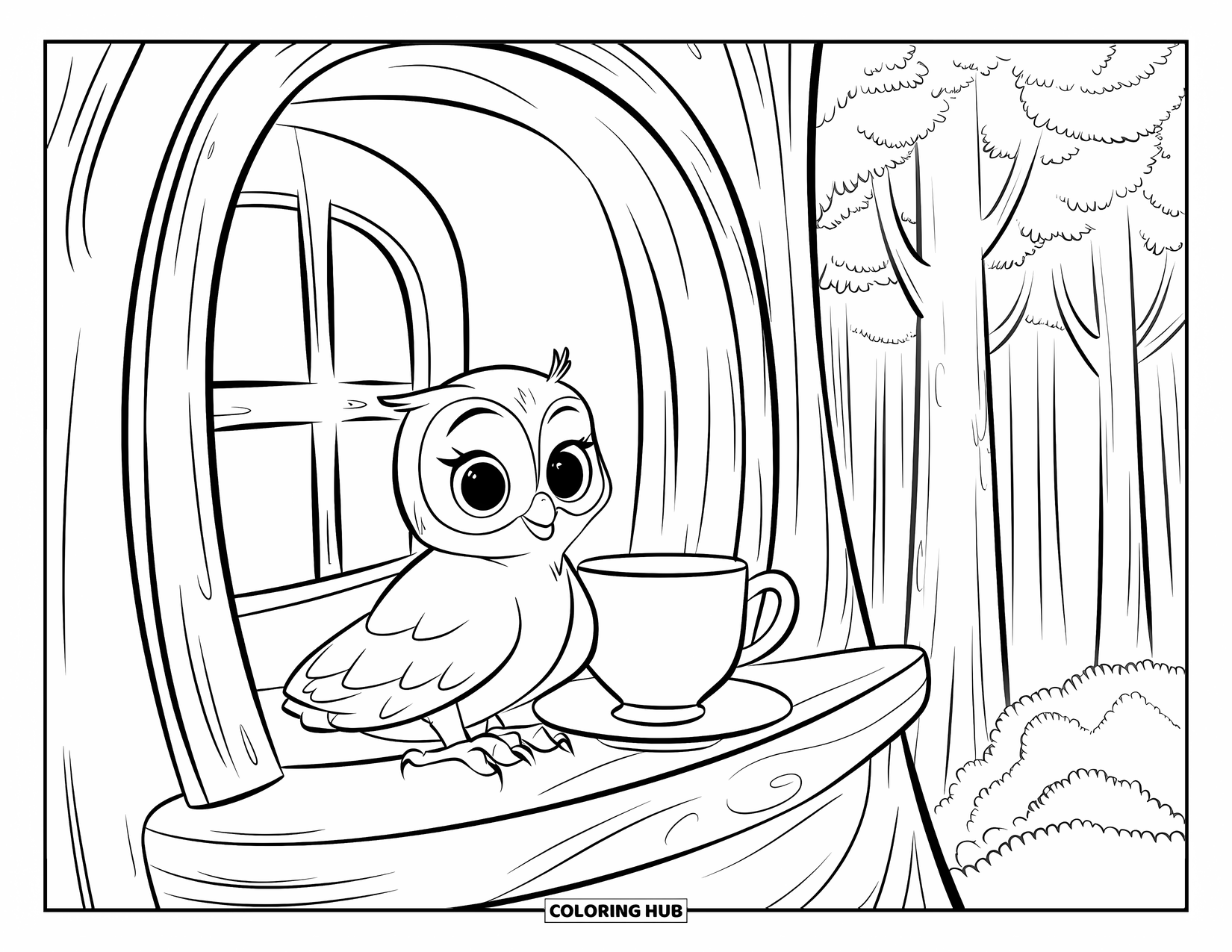 Baby Owl Coloring Page for Kids: Baby owl sits wide-eyed by a teacup in a forest treehouse