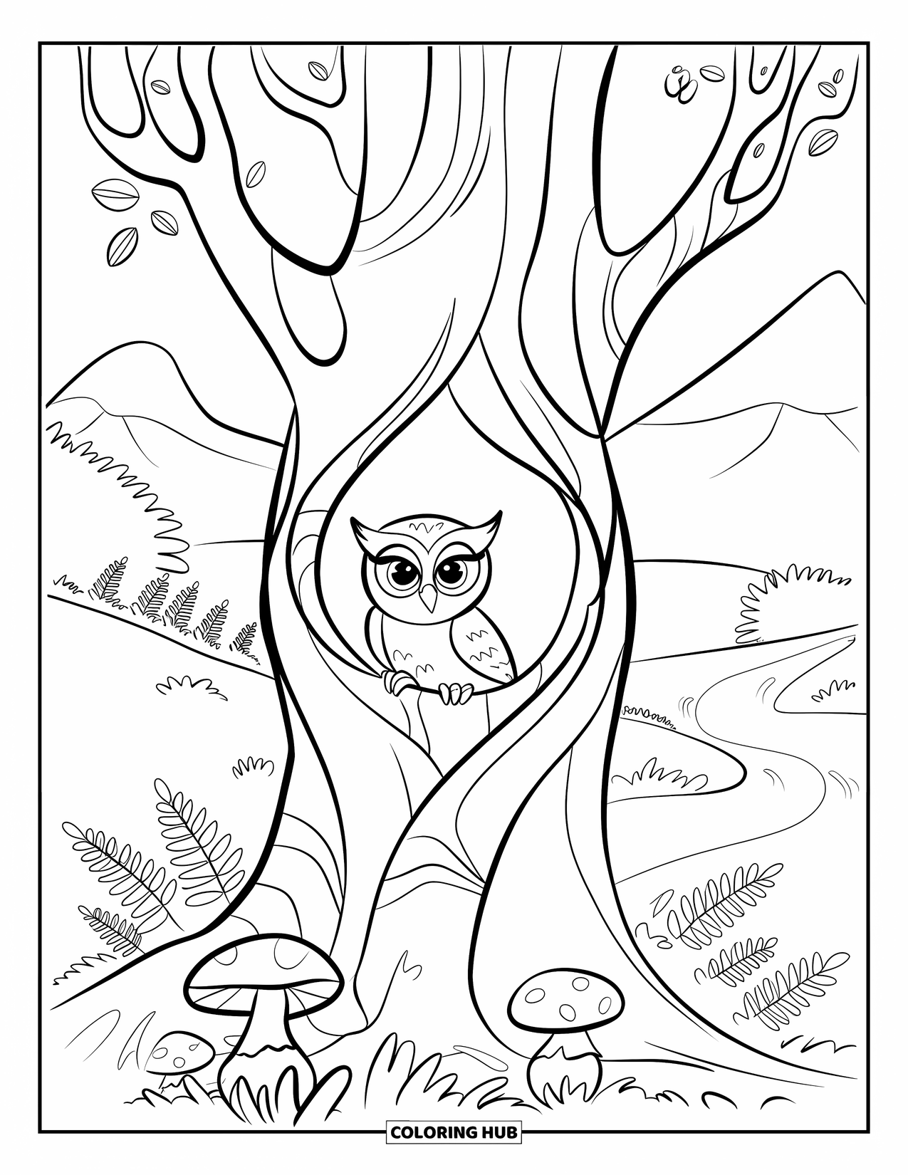 Baby Owl Coloring Page for Kids: Baby owl snuggles inside a hollow tree with ferns and mushrooms nearby