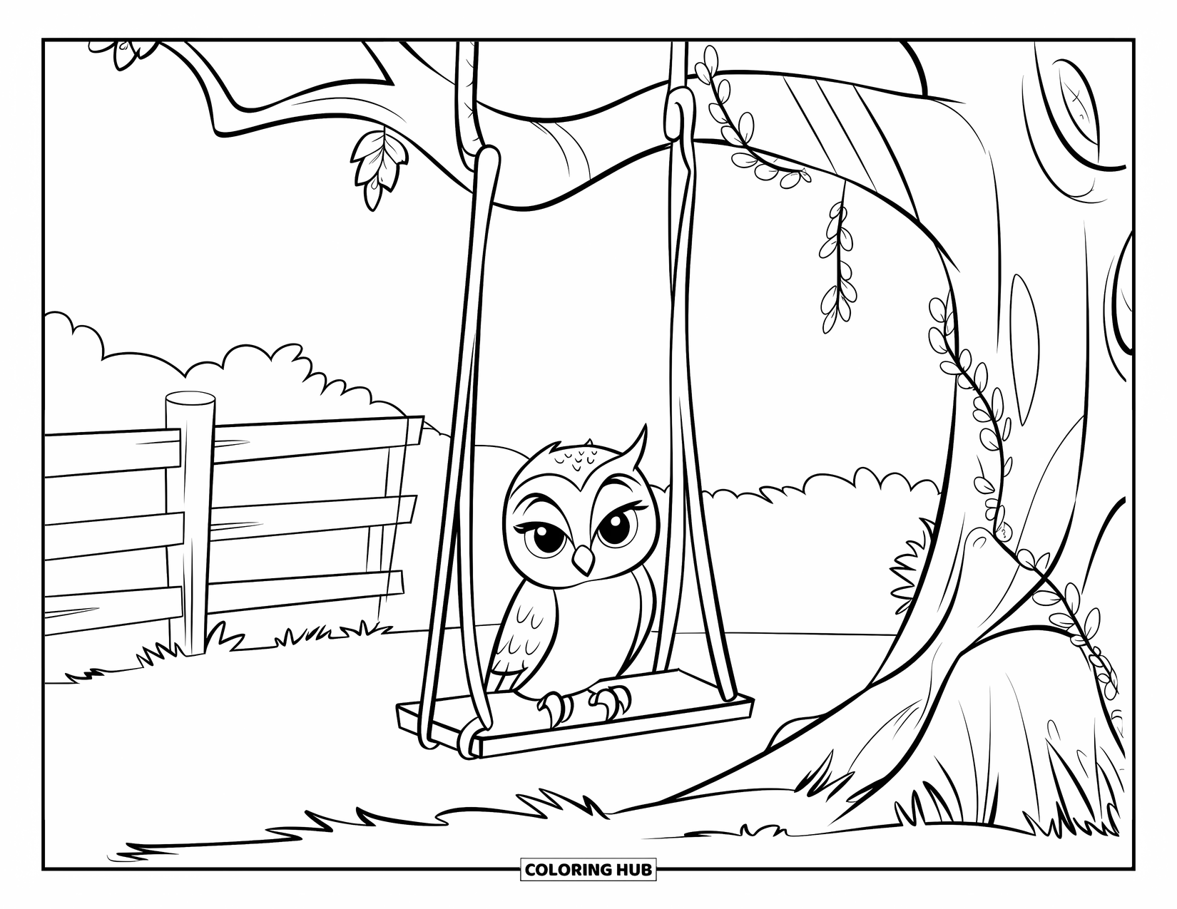 Baby Owl Coloring Page for Kids: Baby owl swings from a tree near a wooden fence and grassy field