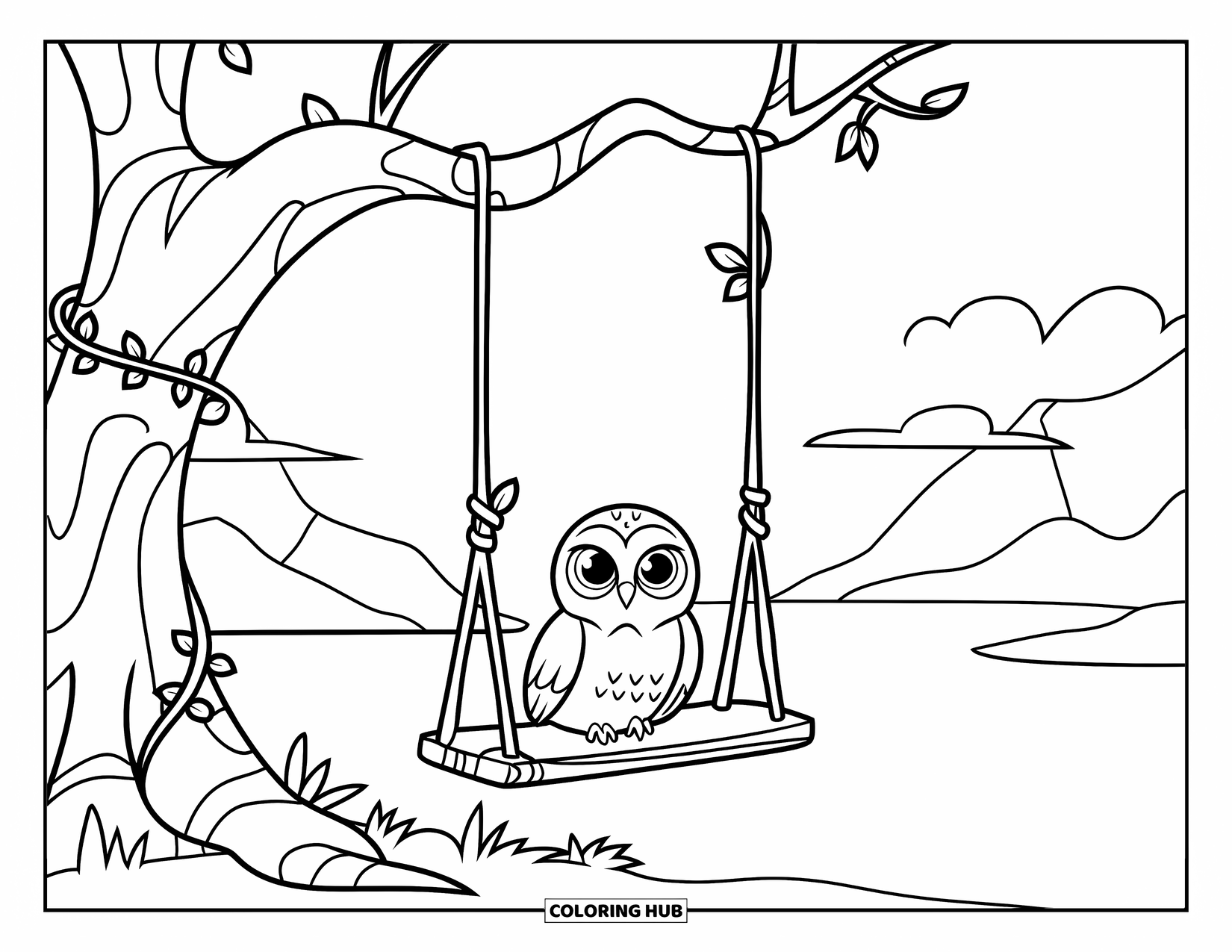 Baby Owl Coloring Page for Kids: Baby owl swings from a tree with mountains and water in the distance