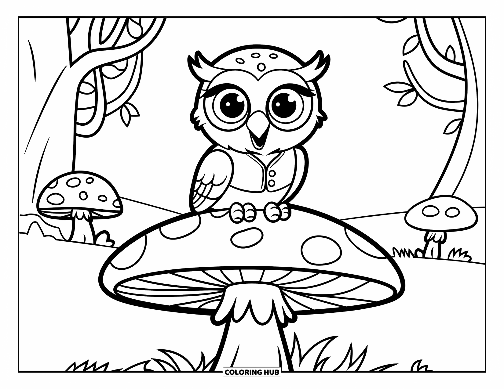Baby Owl Coloring Page for Kids: Baby owl wearing a vest sits on a giant mushroom in a forest clearing