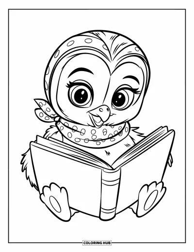 Baby-Eulen-Ausmalbild für Kinder: Ein Baby-Eulen-Küken mit Schal hält ein Buch und blickt neugierig drein