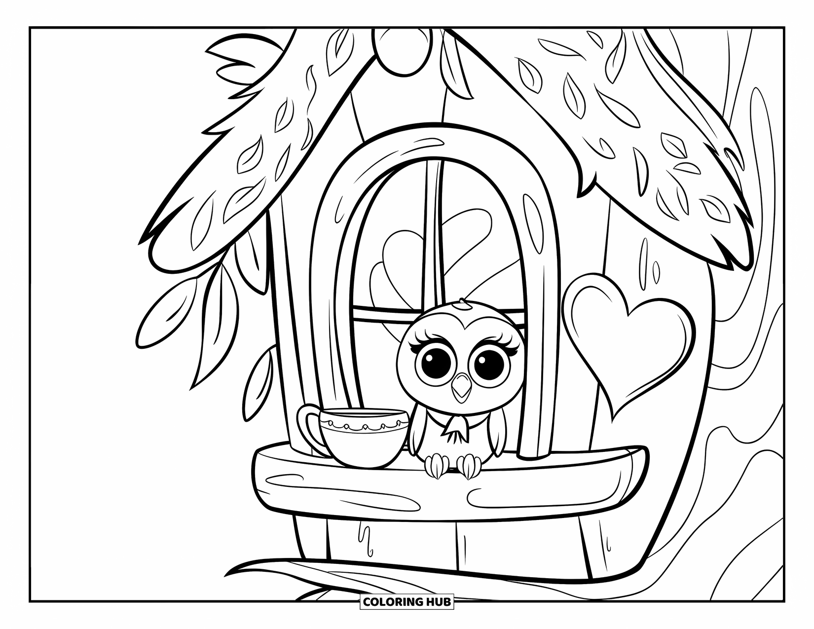 Baby Owl Coloring Page for Kids: Baby owl with a scarf sits by a teacup on a cozy treehouse ledge