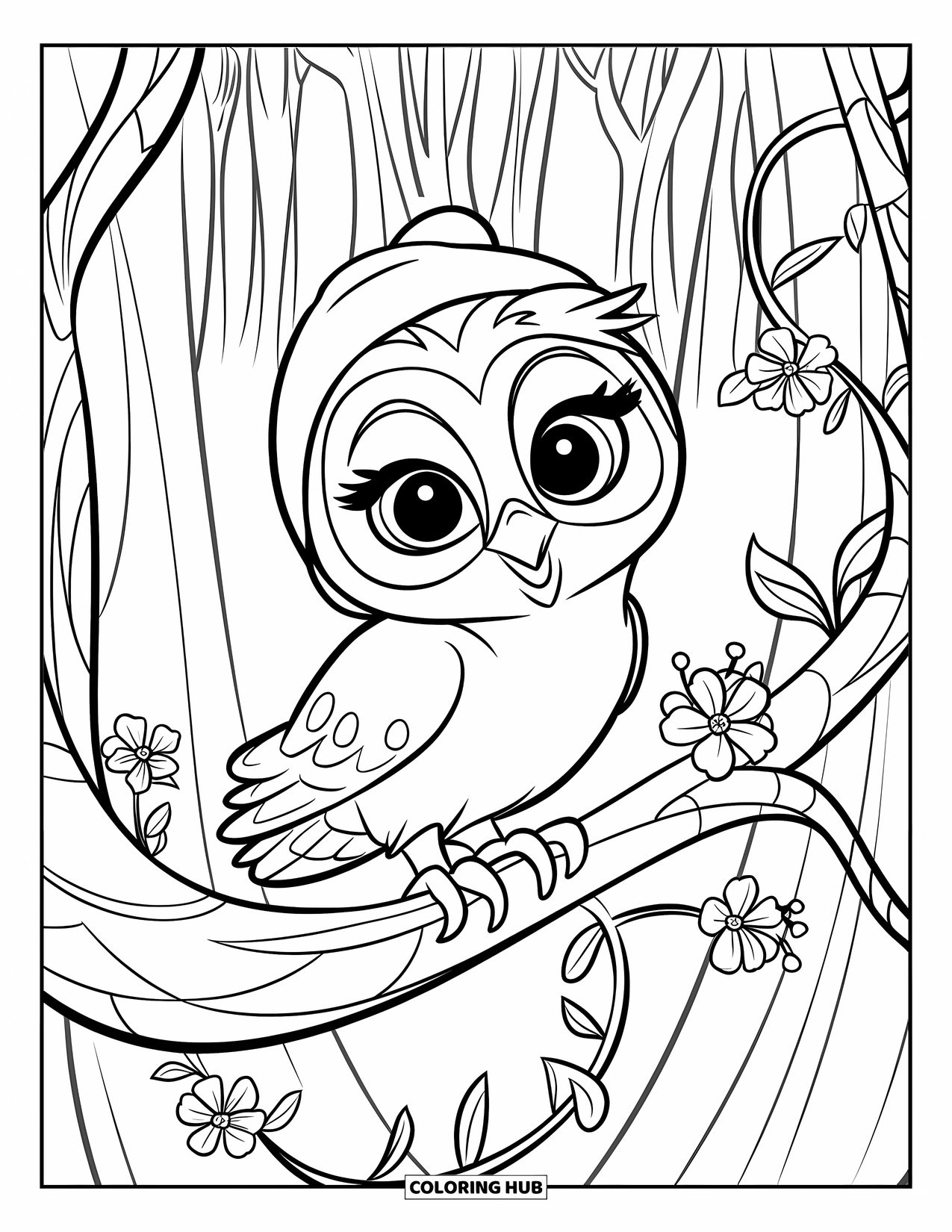 Baby Owl Coloring Page for Kids: Baby owl with a tiny hat perches on a blooming forest branch