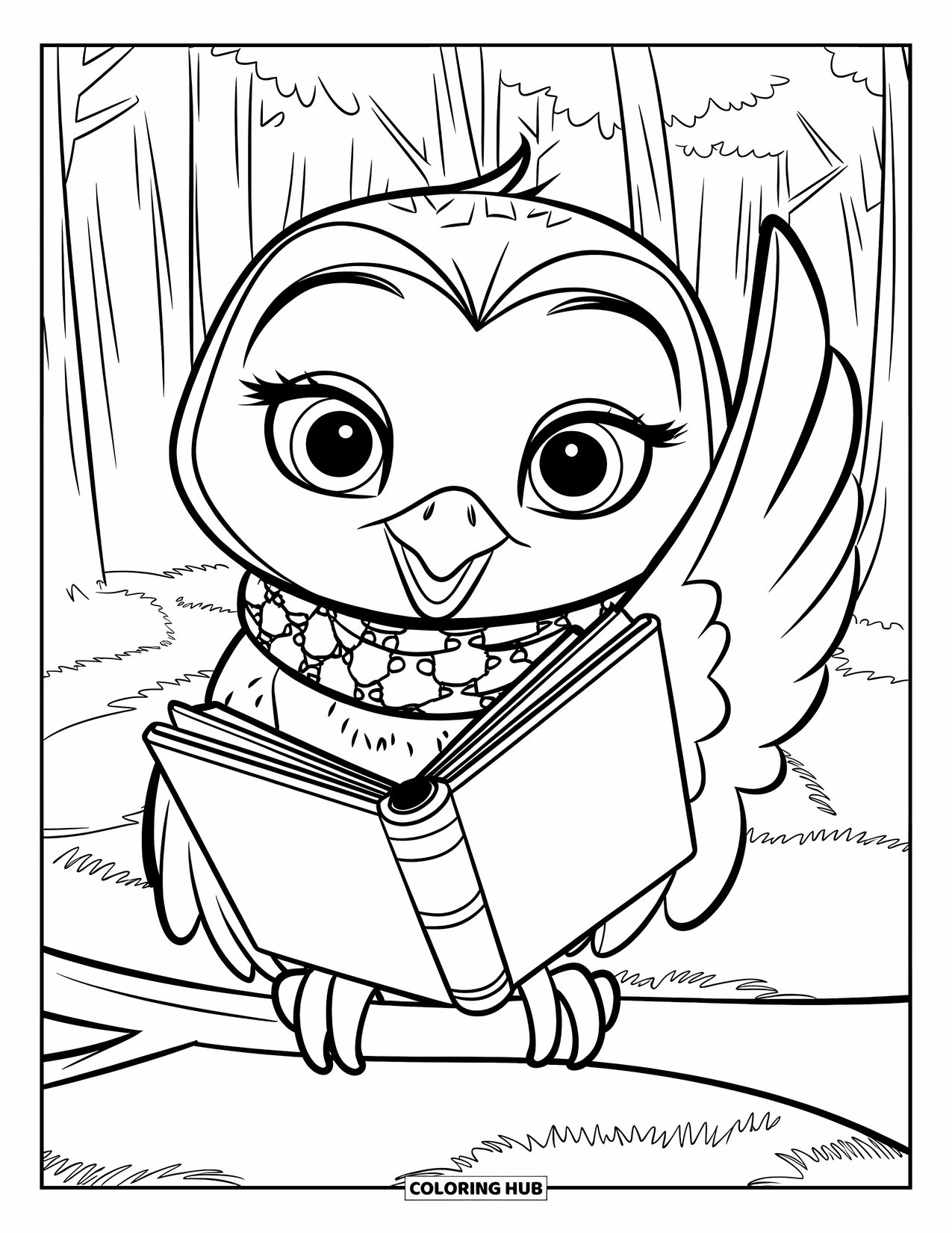 Baby Owl Coloring Page for Kids: Baby owl with big eyes reads a book while sitting on a tree branch