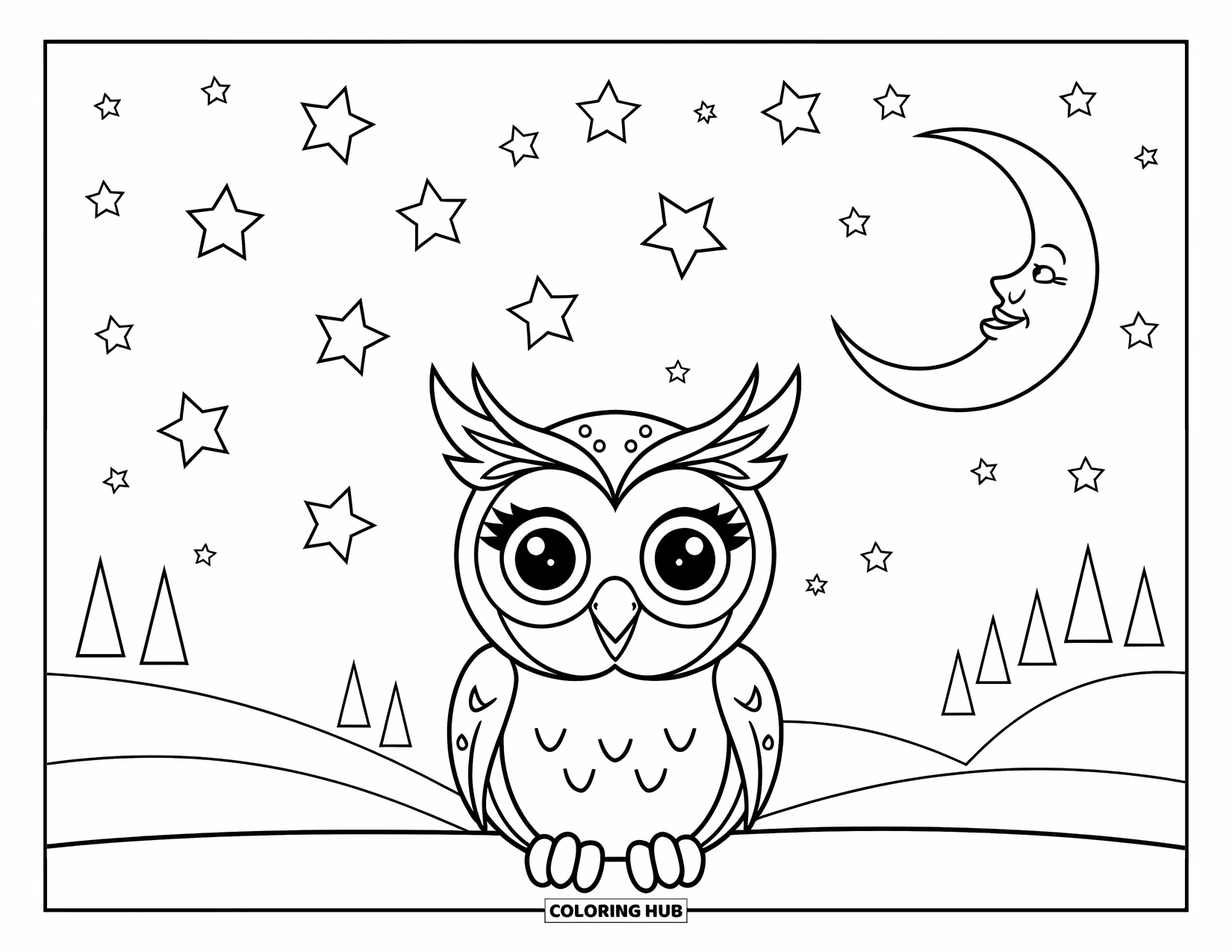 Baby Owl Coloring Page for Kids: Baby owl with big eyes sits under stars and a smiling moon