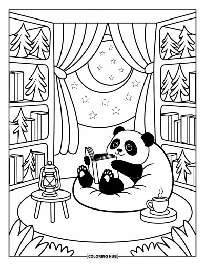 Målarbild med panda för vuxna: En liten panda latar sig med en bok i ett mysigt skogsbibliotek med trädformade hyllor