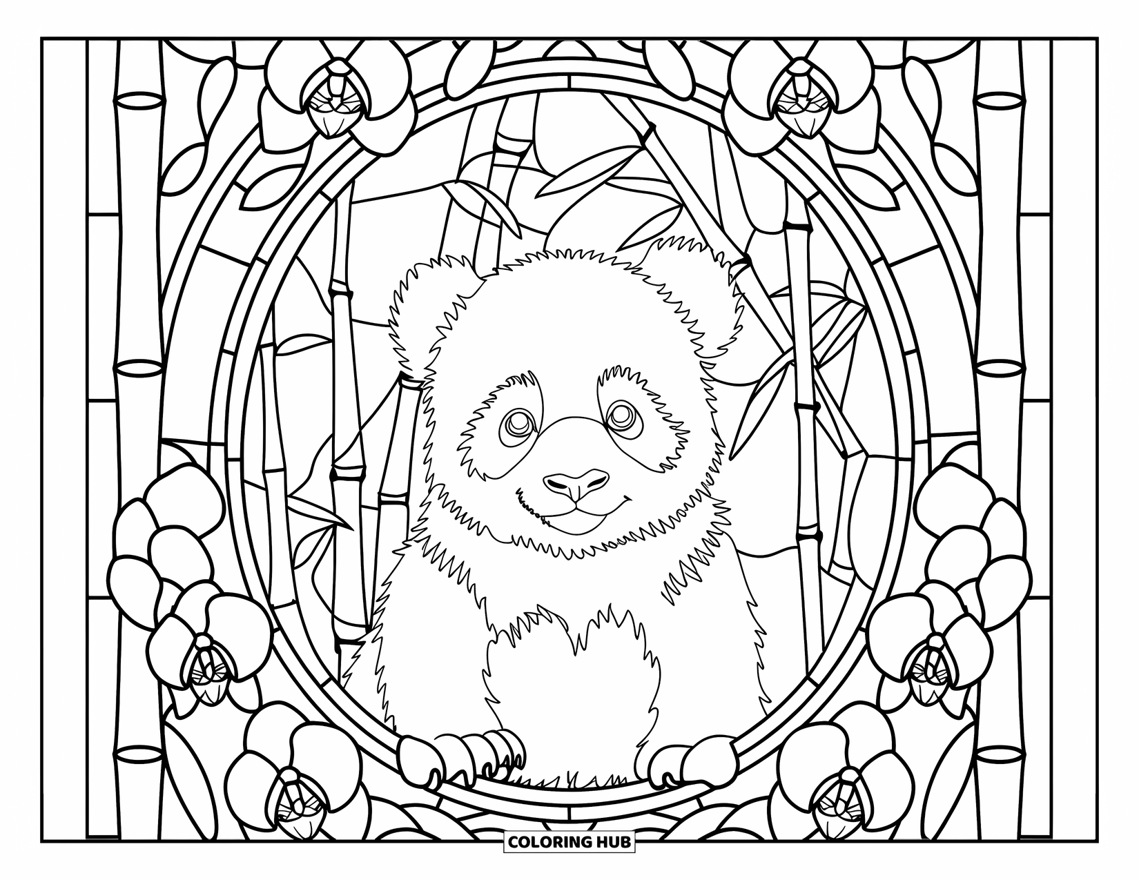 Baby Panda Coloring Page for Adults: A baby panda sits framed by stained glass filled with bamboo and orchids