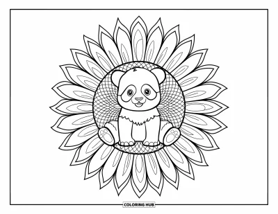 Målarbild med panda för vuxna: En liten panda sitter inuti en solrosmandala med lövrika detaljer runt om