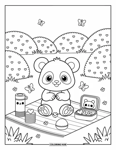 Målarbild med panda för vuxna: En panda njuter av en picknick med bambupinnar, hjärtgodis och en leende termos