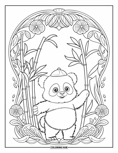 Målarbild med panda för vuxna: En panda i liten hatt står vid bambu i en scen fylld med blommor