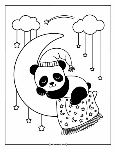 Målarbild med panda för vuxna: En panda tar en tupplur på en halvmåne med stjärnor, moln och en liten stjärnfall