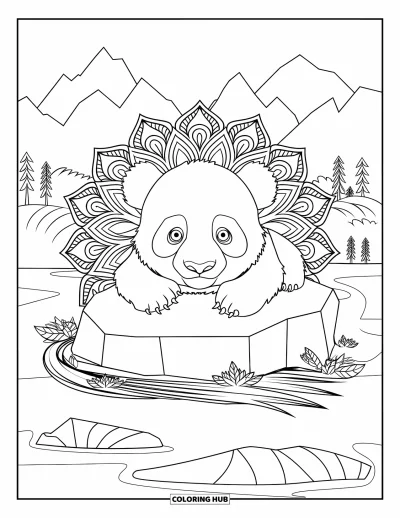 Målarbild med panda för vuxna: En panda kopplar av på en sten, omgiven av skiktade mandalor och fridfull natur