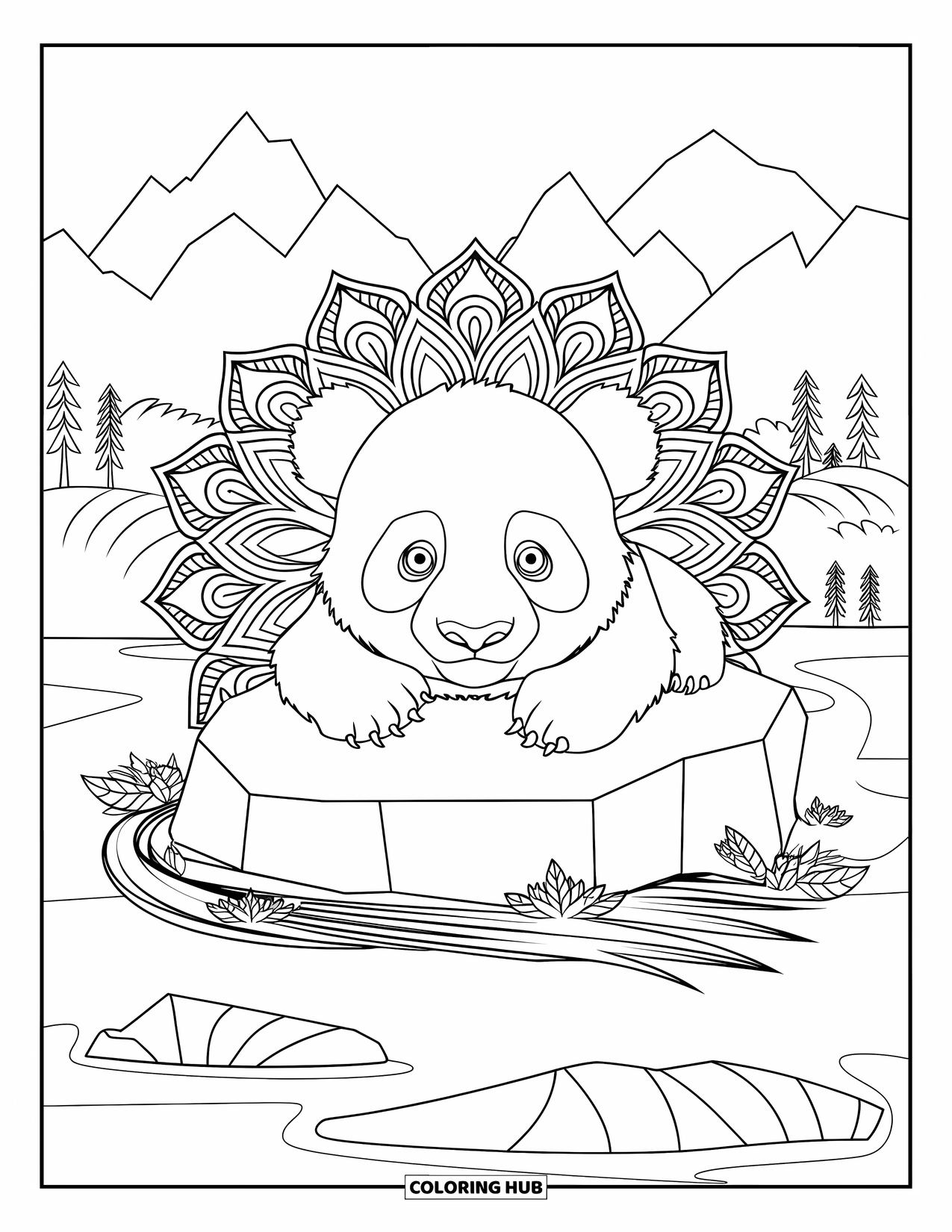 Baby Panda Coloring Page for Adults: A panda relaxes on a rock, surrounded by layered mandalas and peaceful scenery