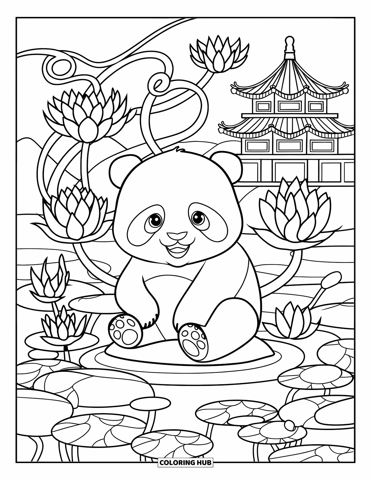 Baby Panda Coloring Page for Adults: A panda sits among lotus flowers with a pagoda and pond in the distance